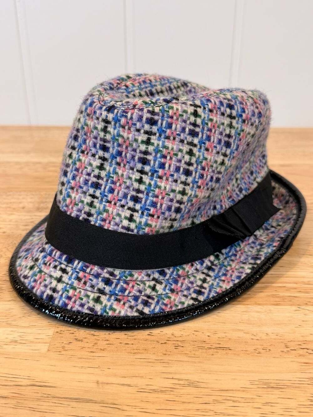 Coach Multi-Color Tweed Plaid Fedora Hat with Patent Leather Trim